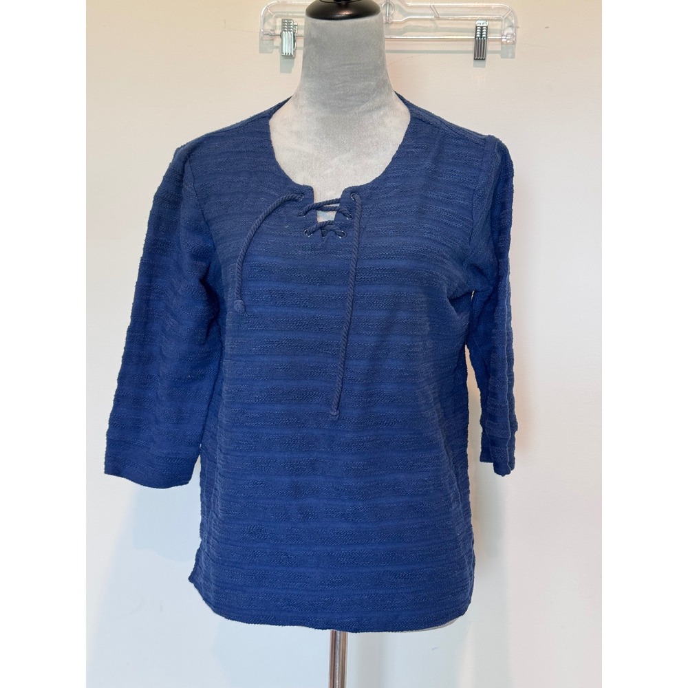 Croft & Barrow Navy Blue Lace Up Textured Knit 3/4 Sleeve Top Size M